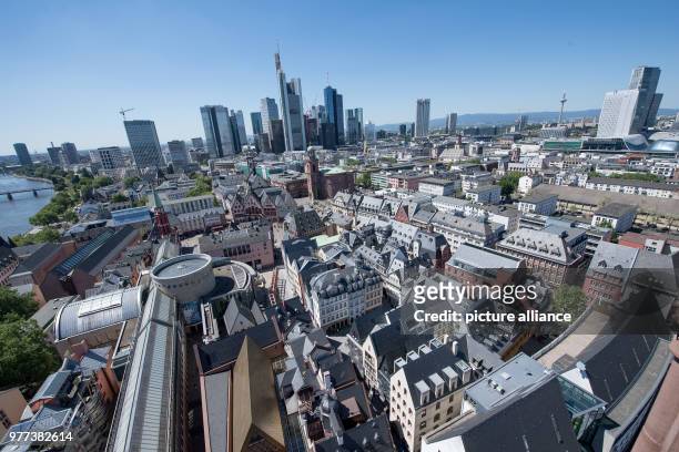 May 2018, Germany, Frankfurt am Main: The new Frankfurt old town is located at the heart of Frankfurt in front of the bank skyline. The last works of...