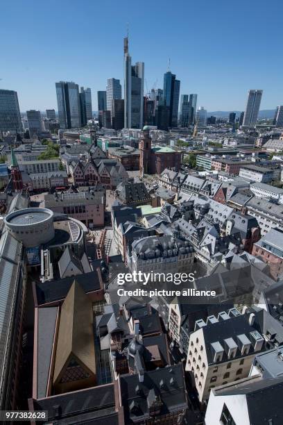 May 2018, Germany, Frankfurt am Main: The new Frankfurt old town is located at the heart of Frankfurt in front of the bank skyline. The last works of...