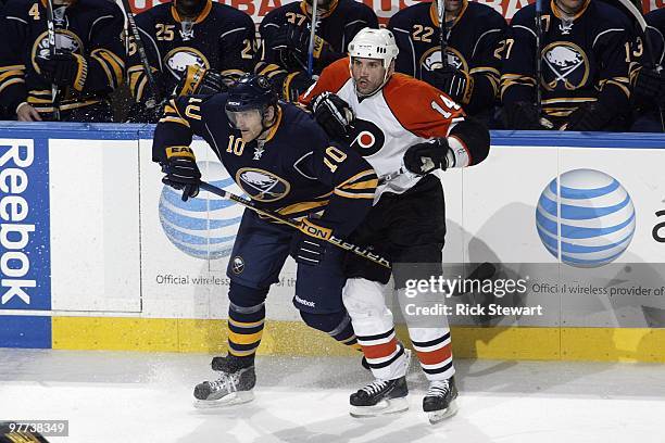 Henrik Tallinder of the Buffalo Sabres battles against Ian Laperriere of the Philadelphia Flyers at HSBC Arena on March 5, 2010 in Buffalo, New York.