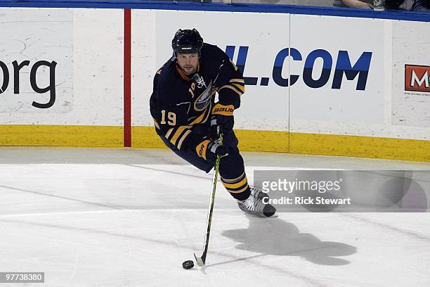 Tim Connolly of the Buffalo Sabres skates with the puck during the game against the Philadelphia Flyers at HSBC Arena on March 5, 2010 in Buffalo,...