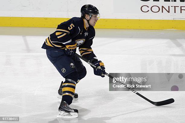 Toni Lydman of the Buffalo Sabres skates during the game against the Philadelphia Flyers at HSBC Arena on March 5, 2010 in Buffalo, New York.