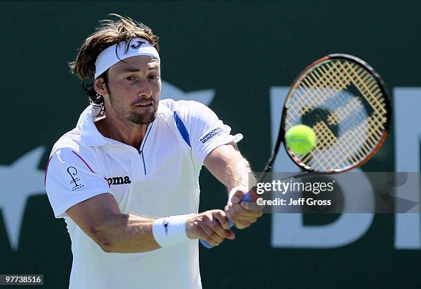 Juan Carlos Ferrero of Spain returns a backhand against Juan Monaco during the BNP Paribas Open at the Indian Wells Tennis Garden on March 15, 2010...