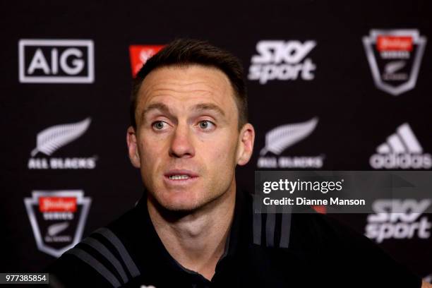 Ben Smith of the All Blacks speaks to the media during a New Zealand All Blacks press conference on June 18, 2018 in Dunedin, New Zealand.