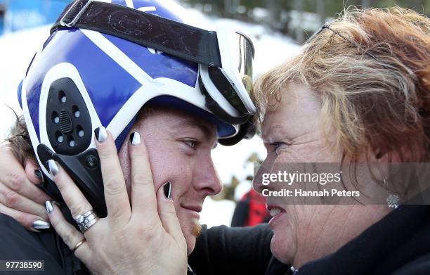 Adam Hall of New Zealand celebrates with his mother Gayle Hall after winning the Men's Slalom Standing event during day 4 of the Winter Paralympics...