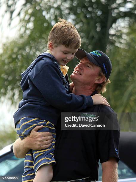 Ernie Els of South Africa with his son Ben during the Els for Autism Pro-Am on the Champions Course at the PGA National Golf Club on March 15, 2010...