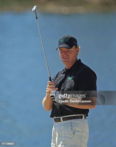 Ernie Els of South Africa hits during the Els for Autism Pro-Am on the Champions Course at the PGA National Golf Club on March 15, 2010 in Palm Beach...