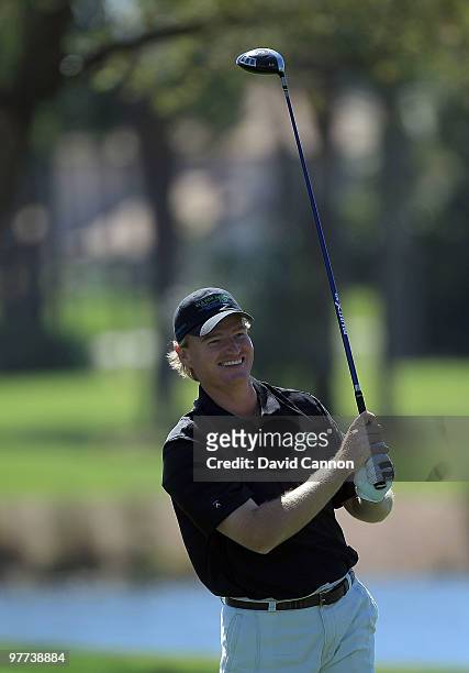 Ernie Els of South Africa hits during the Els for Autism Pro-Am on the Champions Course at the PGA National Golf Club on March 15, 2010 in Palm Beach...