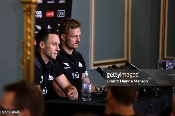 Sam Cane and Ben Smith of the All Blacks reflection as seen in a mirror as they speak to the media during a New Zealand All Blacks press conference...