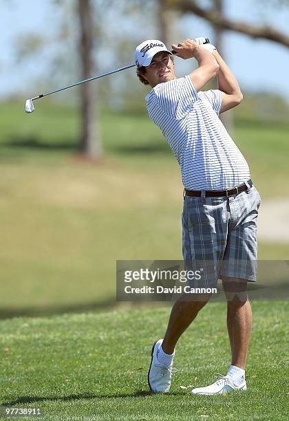 Adam Scott of Australia hits during the Els for Autism Pro-Am on the Champions Course at the PGA National Golf Club on March 15, 2010 in Palm Beach...