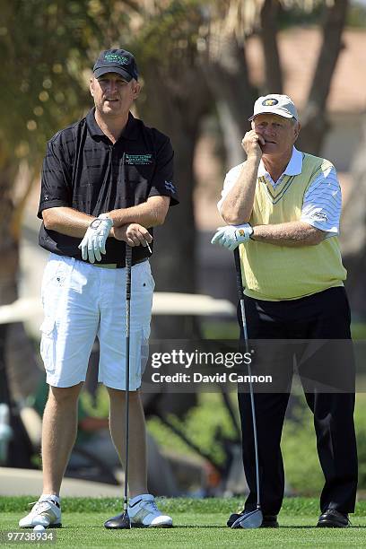 Jack Nicklaus of the USA and Rurik Gobel of South Africa look on during the Els for Autism Pro-Am on the Champions Course at the PGA National Golf...