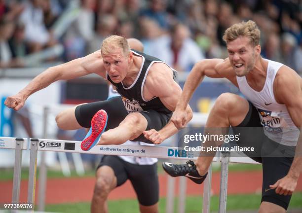 June 2018, Germany, Ratingen: Athletics: Mehrkampf-Meeting. Decathlon athletes Arthur Abele of Germany and Kevin Mayer of France in action during the...