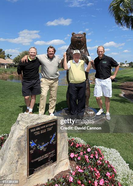 Jack Nicklaus poses with the bear on the 15th tee that signifies the final four holes known as the 'Bear Trap' on the Champion Course and his playing...