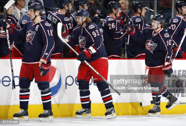 Jakub Voracek of the Columbus Blue Jackets celebrates his first period goal with teammates while playing the Edmonton Oilers on March 15, 2010 at...