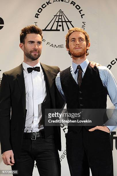 Musicians Adam Levine and Jesse Carmichael of Maroon 5 attend the 25th Annual Rock And Roll Hall of Fame Induction Ceremony at the Waldorf=Astoria on...