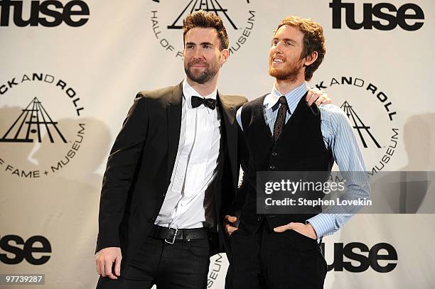 Musicians Adam Levine and Jesse Carmichael of Maroon 5 attend the 25th Annual Rock And Roll Hall of Fame Induction Ceremony at the Waldorf=Astoria on...