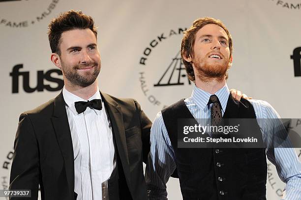 Musicians Adam Levine and Jesse Carmichael of Maroon 5 attend the 25th Annual Rock And Roll Hall of Fame Induction Ceremony at the Waldorf=Astoria on...