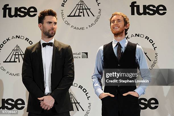 Musicians Adam Levine and Jesse Carmichael of Maroon 5 attend the 25th Annual Rock And Roll Hall of Fame Induction Ceremony at the Waldorf=Astoria on...