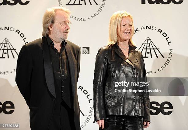 Musicians Benny Andersson and Anni-Frid Prinsessan Reuss of ABBA attend the 25th Annual Rock And Roll Hall of Fame Induction Ceremony at the...