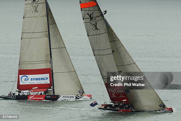 Emirates Team New Zealand tacks ahead of the Synergy Russian Sailing Team during the Louis Vuitton Trophy held on the Waitemata Harbour on March 16,...