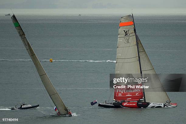 Emirates Team New Zealand tacks away from the Synergy Russian Sailing Team during the Louis Vuitton Trophy held on the Waitemata Harbour on March 16,...