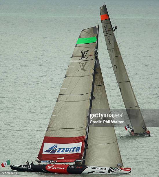 Azzurra of Italy tacks ahead of the Aleph Sailing Team from France during the Louis Vuitton Trophy held on the Waitemata Harbour on March 16, 2010 in...