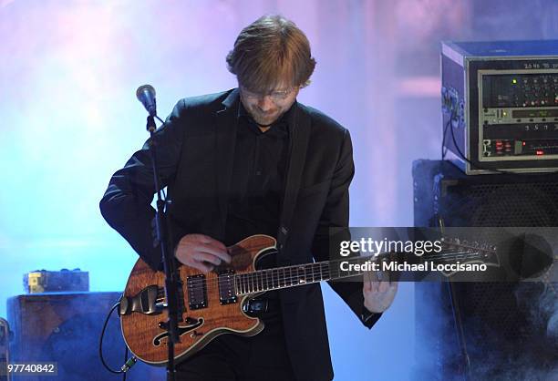 Musician Trey Anastasio of Phish performs onstage at the 25th Annual Rock And Roll Hall of Fame Induction Ceremony at the Waldorf=Astoria on March...