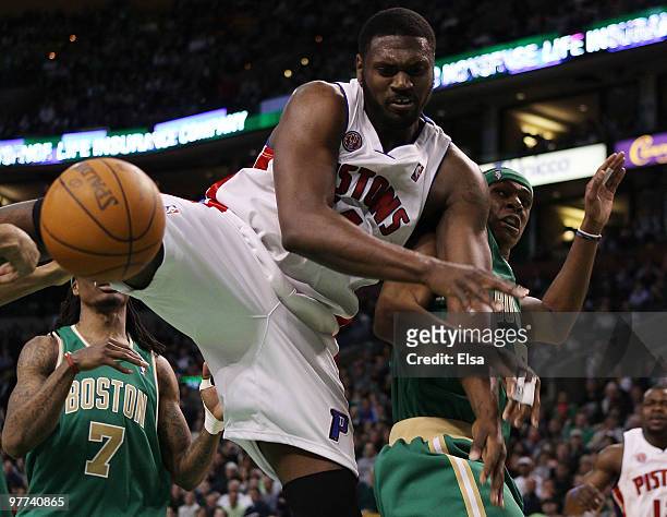 Jason Maxiell of the Detroit Pistons loses the ball as Rajon Rondo of the Boston Celtics defends on March 15, 2010 at the TD Garden in Boston,...