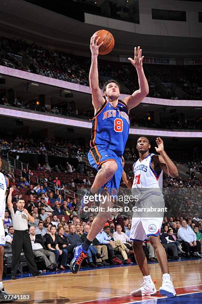 Danilo Gallinari of the New York Knicks shoots against Thaddeus Young of the Philadelphia 76ers during the game on March 15, 2010 at the Wachovia...