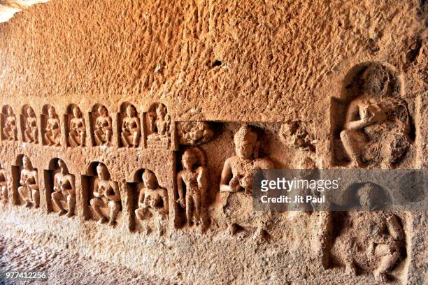 sculptures within kanheri caves - kanheri caves stock pictures, royalty-free photos & images