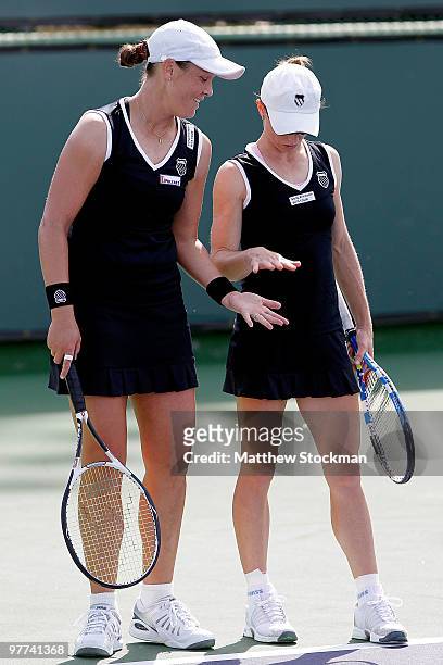 Liezel Huber and Cara Black of Zimbabwe play Akgul Amanmuradova and Darya Kustova during the BNP Paribas Open on March 15, 2010 at the Indian Wells...