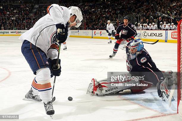 Goaltender Steve Mason of the Columbus Blue Jackets made a save on this shot from Robert Nilsson of the Edmonton Oilers during the second period on...