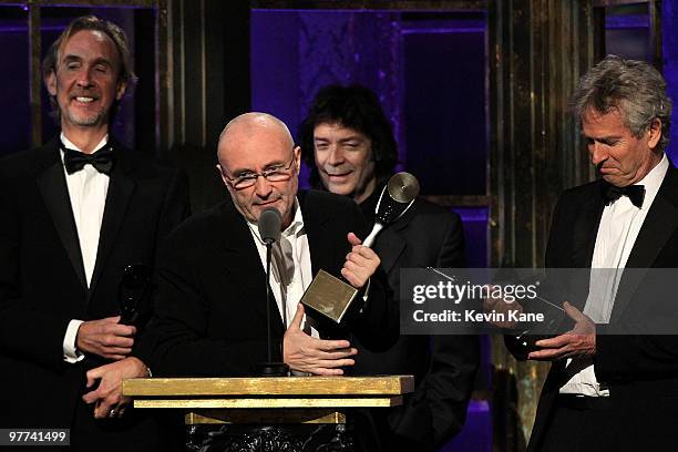 Inductees Mike Rutherford, Phil Collins and Tony Banks of Genesis speak onstage at the 25th Annual Rock and Roll Hall of Fame Induction Ceremony at...