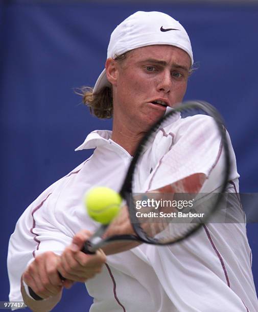 Lleyton Hewitt of Australia in action during his match against Magnus Norman of Sweden in the final of the Adidas International Tennis Tournament,...