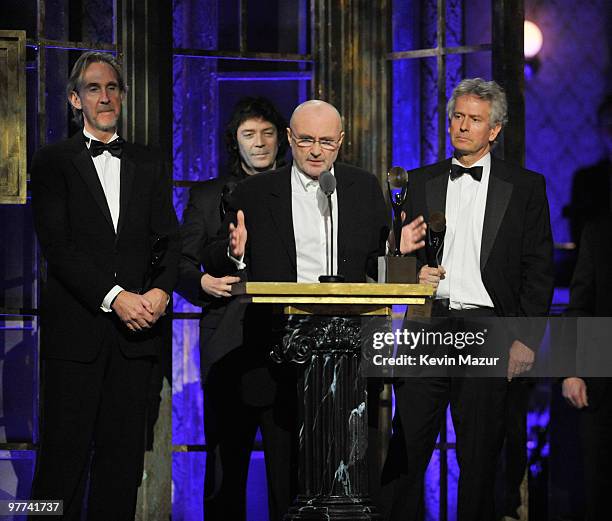 Mike Rutherford, Steve Hackett, Phil Collins and Tony Banks of Genesis inductees onstage at the 25th Film Independent Spirit Awards held at Nokia...