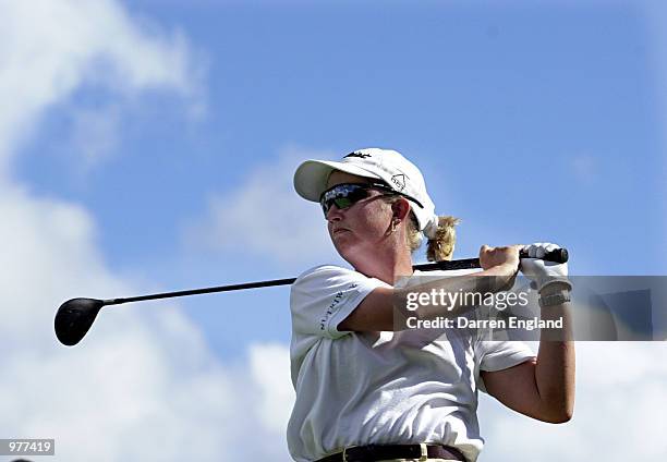 Karrie Webb of Australia tees off on the 15th fairway during the first round at the ANZ Australian Ladies Masters Golf at Royal Pines Resort on the...