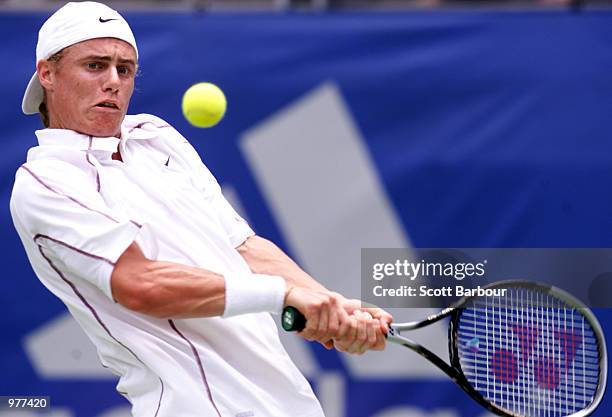 Lleyton Hewitt of Australia in action during his match against Magnus Norman of Sweden in the final of the Adidas International Tennis Tournament,...