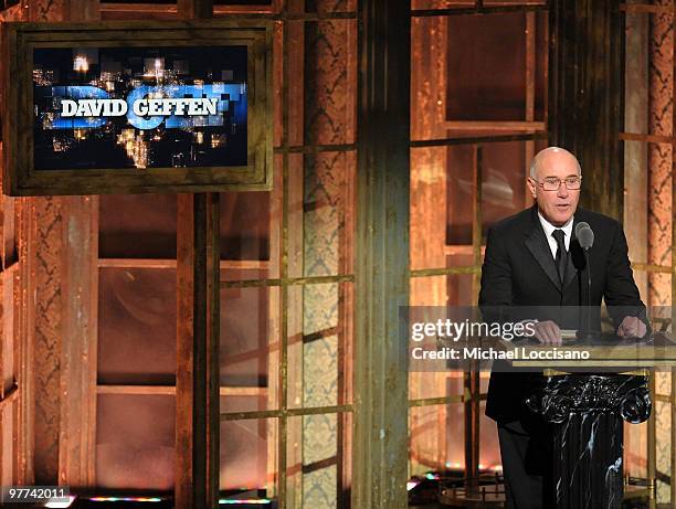 Inductee David Geffen speaks onstage at the 25th Annual Rock And Roll Hall of Fame Induction Ceremony at the Waldorf=Astoria on March 15, 2010 in New...