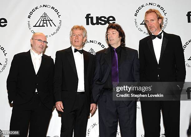 Inductees Phil Collins, Tony Banks, Steve Hackett and Mike Rutherford of Genesis attend the 25th Annual Rock And Roll Hall of Fame Induction Ceremony...