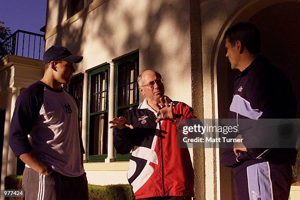 Australian Prime Minister John Howard at the Lodge after his morning walk with former NRL Player Wayne Pearce and current player Trent Barrett in...