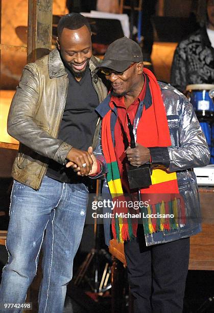 Musician Wyclef Jean and Inductee Jimmy Cliff speak onstage at the 25th Annual Rock And Roll Hall of Fame Induction Ceremony at the Waldorf=Astoria...