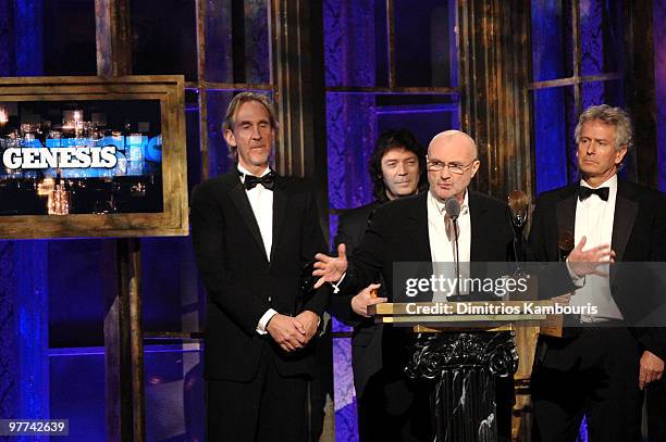 Inductees Mike Rutherford, Phil Collins and Tony Banks of Genesis speak onstage at the 25th Annual Rock and Roll Hall of Fame Induction Ceremony at...