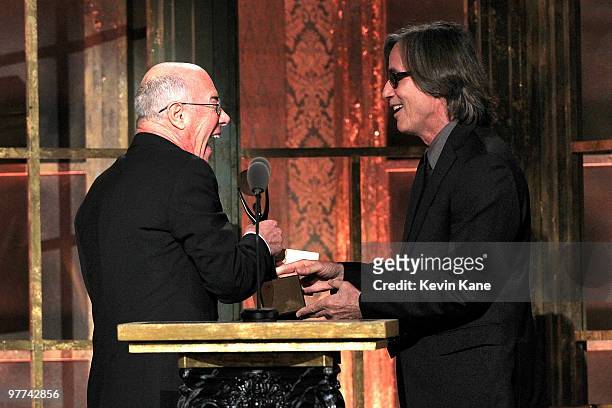 Inductee David Geffen and musician Jackson Browne performs onstage at the 25th Annual Rock and Roll Hall of Fame Induction Ceremony at...