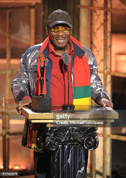 Inductee Jimmy Cliff speaks onstage at the 25th Annual Rock And Roll Hall of Fame Induction Ceremony at the Waldorf=Astoria on March 15, 2010 in New...