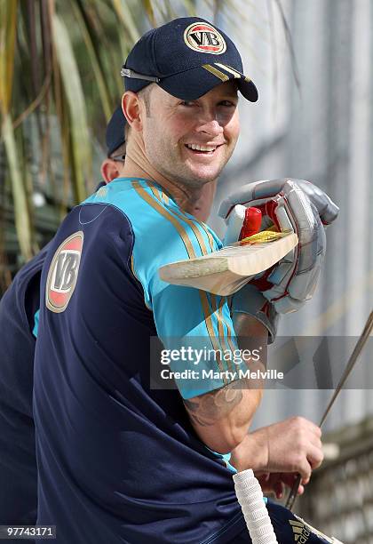 Michael Clarke of Australia waits to bat during an Australian Training Session at Basin Reserve on March 16, 2010 in Wellington, New Zealand.