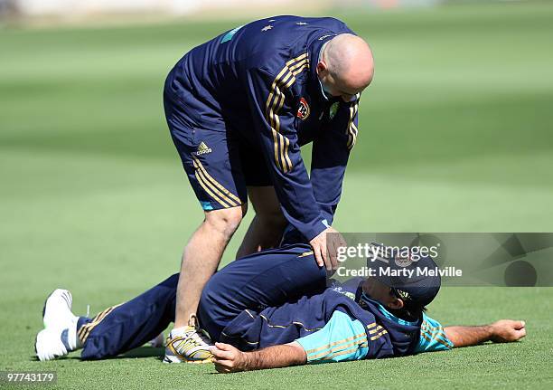 Ricky Ponting stretches during an Australian Training Session at Basin Reserve on March 16, 2010 in Wellington, New Zealand.