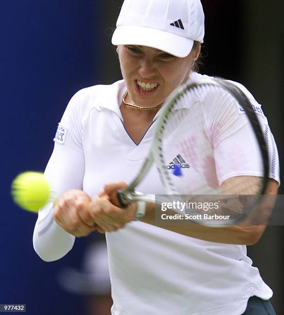 Martina Hingis of Switzerland in action whilst defeating Lindsay Davenport of USA in the womens final of the Adidas International Tennis Tournament,...