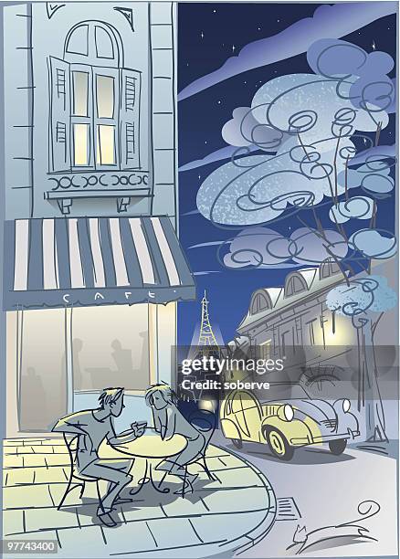 paris cafe at night - paving stone stock illustrations