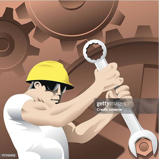 worker and cogwheels - holding spanner stock illustrations