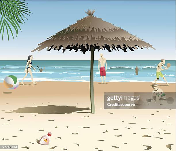 ilustrações de stock, clip art, desenhos animados e ícones de cena de praia - sombrinha de palha