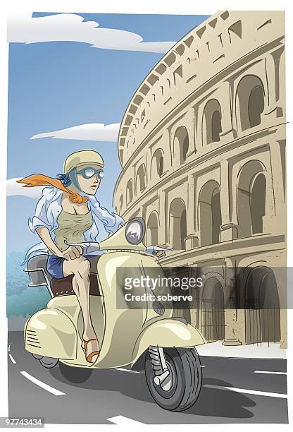 illustrazioni stock, clip art, cartoni animati e icone di tendenza di scooter al colosseo - moped